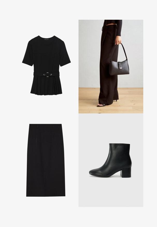 Melnas īsām piedurknēm topiņš, izgatavots no gludas materiāla, ar pepluma dizainu un jostu ar divām apaļām sudraba krāsas pogām.; Melna ceļgalu garuma zīmulis svārki, izgatavoti no gludas auduma. Iespējas ietver vienkāršu dizainu ar divām priekšējām šuvēm un slēptu rāvējslēdzēju aizmugurē.; Melna ādas potīšu zābaki ar smailu purngalu un masīlu papēdi. Gluda tekstūra ar minimāliem akcentiem un gludu, pieguļošu dizainu.; Melnā somiņa ar strukturētu formu, gludu tekstūru un metālu sprādzi. Saskaņota ar platām melnām biksēm un sandālēm ar atvērtu purngalu uz koka grīdas.