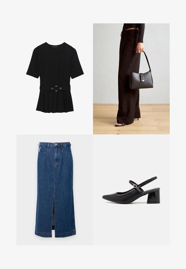 Black short-sleeve top made of smooth material, featuring a peplum design and a belted waist with two round, silver-tone buttons.; Denim midi skirt in dark blue, featuring a front slit, five-pocket design, and belt loops at the waist. Smooth, sturdy texture.; Black patent leather slingback heels with a pointed toe, a rounded cutout design, and a block heel. Features a gold-tone buckle accent.; Black handbag with structured shape, smooth texture, and a metallic clasp. Paired with wide black pants and open-toe sandals on wooden floor.