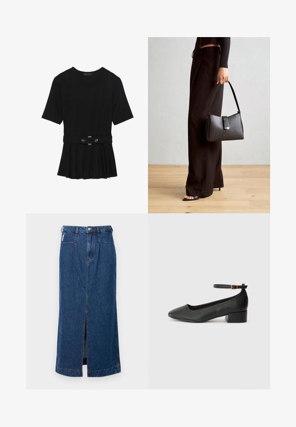 Melnas īsām piedurknēm topiņš, izgatavots no gludas materiāla, ar pepluma dizainu un jostu ar divām apaļām sudraba krāsas pogām.; Tumši zilā džinsu midi svārki ar priekšējo šķēlumu, piecu kabatu dizainu un jostu cilpiņām viduklī. Gluda, izturīga tekstūra.; Melnas ādas sūkņi ar smailu purngalu un zemu bloku papēdi. Iezīmēts ar potītes siksniņu ar zelta krāsas sprādzi. Gluda tekstūra.; Melnā somiņa ar strukturētu formu, gludu tekstūru un metālu sprādzi. Saskaņota ar platām melnām biksēm un sandālēm ar atvērtu purngalu uz koka grīdas.