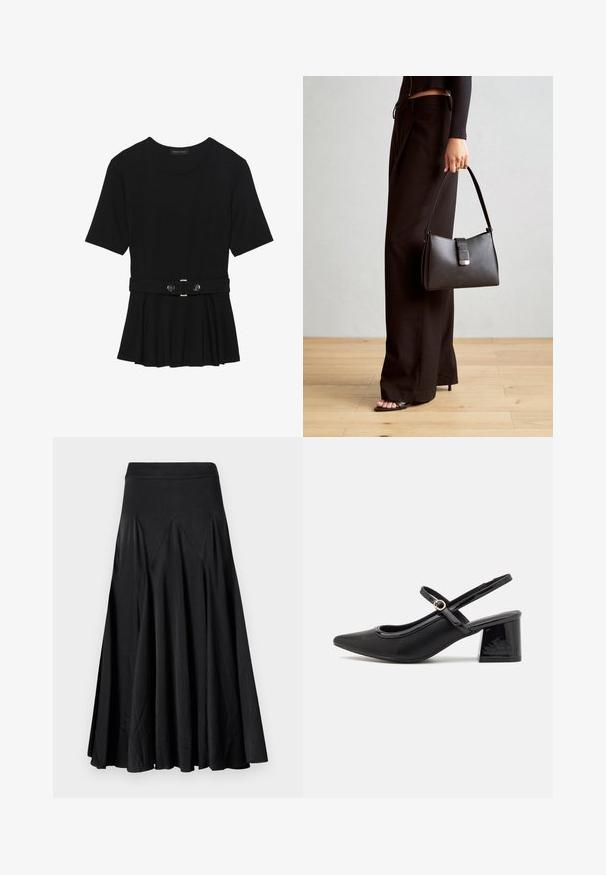 Musta lyhythihainen paita, joka on valmistettu sileästä materiaalista ja jossa on peplum-muotoilu sekä vyötäröllä vyö, jossa on kaksi pyöreää hopeanväristä nappia.; Mustat leveähelmaiset hameet, joissa on joustava vyötärö, valmistettu sileästä kankaasta, ja joita koristavat poimutukset lisäävät rakennetta ja ilmavuutta.; Musta lakattu nahka slingback-korkokengät, joissa on terävä kärki, pyöreä aukko-muotoilu ja lohkokorko. Varustettu kultasävyisellä solkiyksityiskohdalla.; Musta käsilaukku, jossa on rakenteellinen muoto, sileä pinta ja metallinen solki. Yhdistetty leveisiin mustiin housuihin ja avonaiheisiin sandaaleihin puulattialla.