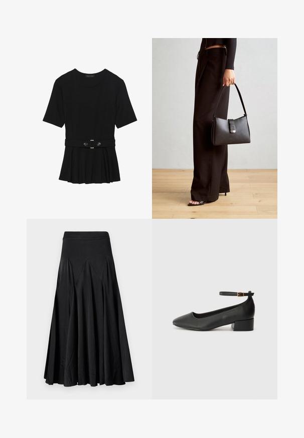 Juodas trumpomis rankovėmis viršus, pagamintas iš lygaus audinio, su peplum dizainu ir su diržu juosmenyje, papuoštas dviem apvaliomis sidabro spalvos mygtukais.; Juoda plati sijonas su elastine juosta, pagamintas iš lygaus audinio, su raukšlių detalėmis, suteikiančiomis papildomą tekstūrą ir lengvumą.; Juodas odinis aukštakulnis batelis su smailiu pirštu ir žemu bloku. Su kulkšnies dirželiu su auksinės spalvos sagtimi. Lygus paviršius.; Juodas rankinė struktūrizuota forma, lygi tekstūra ir metalinis užsegimas. Suporuota su plačiomis juodomis kelnėmis ir atvirais bateliais ant medinių grindų.