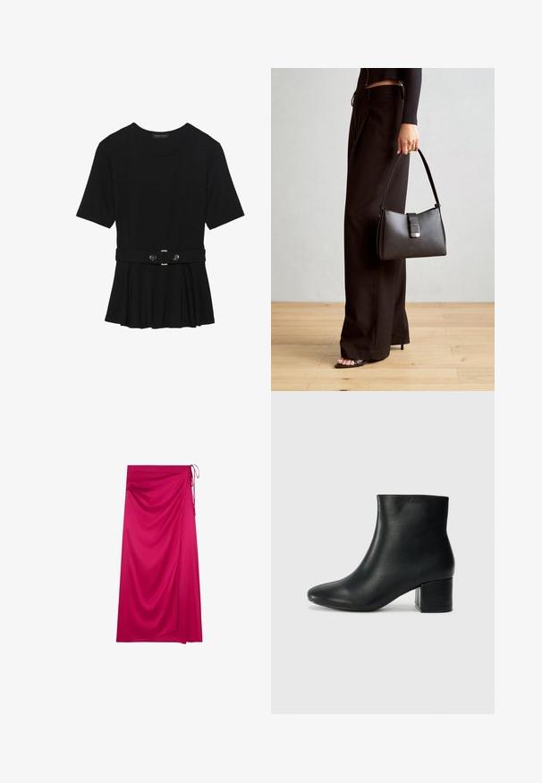 Czarna bluzka krótki rękaw wykonana z gładkiego materiału, z fasonem peplum i paskiem w talii z dwoma okrągłymi, srebrnymi guzikami.; Różowa spódnica w fasonie wrap z gładkiego materiału, z asymetrycznym krojem, drapowaniem i zapięciem na węzeł po lewej stronie.; Czarne skórzane botki za kostkę z ostrym noskiem i masywnym obcasem. Gładka tekstura z minimalnymi akcentami i elegancki, dopasowany fason.; Czarna torebka o usztywnionym kształcie, gładkiej fakturze i metalowym zapięciem. Połączona z szerokimi czarnymi spodniami i sandałami na otwartym palcu na drewnianej podłodze.