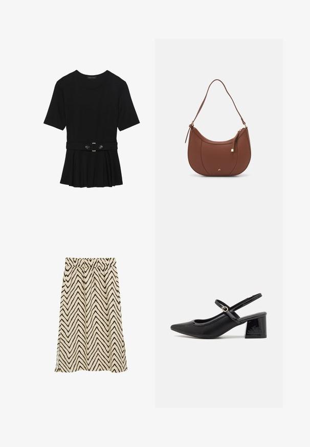 Black short-sleeve top made of smooth material, featuring a peplum design and a belted waist with two round, silver-tone buttons.; Elastic waistband skirt in beige with dark brown zigzag stripes; lightweight fabric with a slightly textured feel; side slits for added movement.; Black patent leather slingback heels with a pointed toe, a rounded cutout design, and a block heel. Features a gold-tone buckle accent.; Brown faux leather shoulder bag with curved shape, minimal stitching, and a gold-tone hardware accent. Features a top zipper closure and adjustable strap.