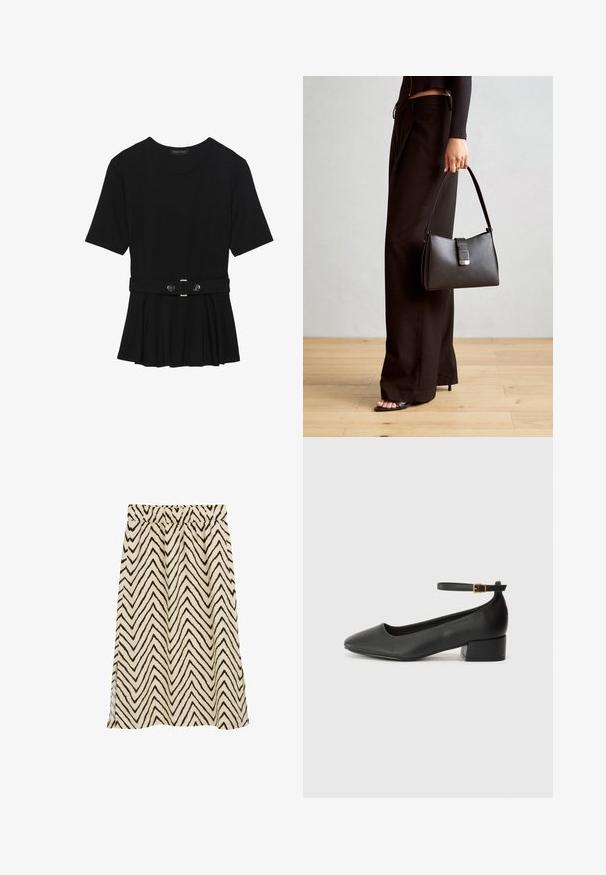 Haut noir à manches courtes fabriqué en matériau lisse, avec un design peplum et une taille ceinturée ornée de deux boutons ronds en métal argenté.; Jupe à taille élastique en beige avec des rayures en zigzag marron foncé ; tissu léger avec une texture légèrement rugueuse ; fentes latérales pour plus de liberté de mouvement.; Escarpin en cuir noir avec un bout pointu et un petit talon bloc. Doté d'une bride de cheville avec une boucle dorée. Texture lisse.; Sac à main noir à la forme structurée, texture lisse et fermoir métallique. Associé à un pantalon noir ample et des sandales ouvertes sur un sol en bois.