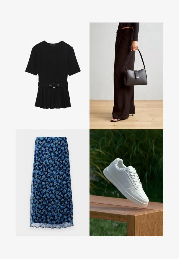 Haut noir à manches courtes fabriqué en matériau lisse, avec un design peplum et une taille ceinturée ornée de deux boutons ronds en métal argenté.; Jupe en imprimé floral bleu marine avec des motifs de marguerites bleu clair, en tissu transparent, à ourlet festonné et à silhouette droite.; Sneakers blanches avec une tige synthétique lisse, un avant perforé, des lacets plats et une semelle texturée, présentées sur une surface en bois.; Sac à main noir à la forme structurée, texture lisse et fermoir métallique. Associé à un pantalon noir ample et des sandales ouvertes sur un sol en bois.