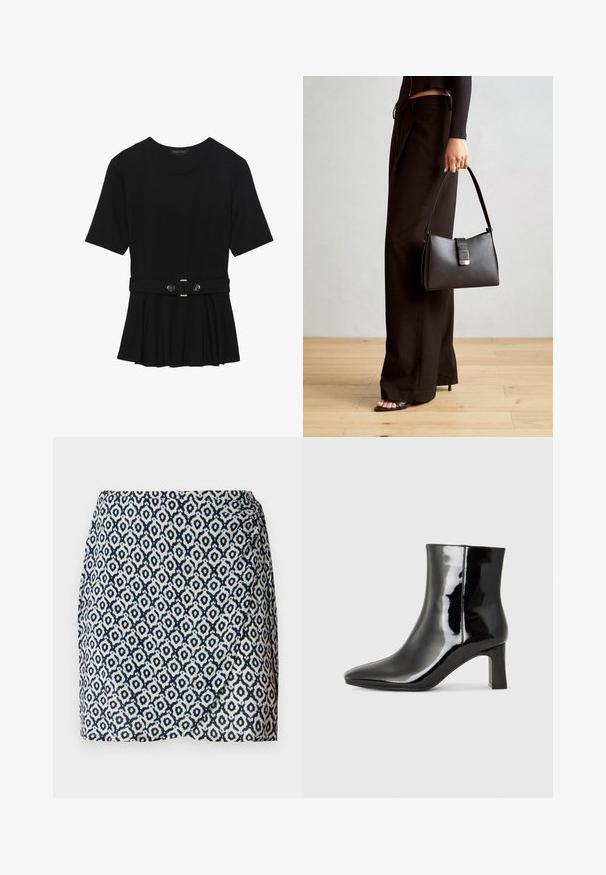 Haut noir à manches courtes fabriqué en matériau lisse, avec un design peplum et une taille ceinturée ornée de deux boutons ronds en métal argenté.; Jupe portefeuille bleue marine et blanche à motifs géométriques, en tissu léger, taille ajustée et légèrement drapée à l'ourlet.; Bottines en cuir verni noir avec un bout pointu et un talon block de hauteur moyenne. Texture lisse et design minimaliste.; Sac à main noir à la forme structurée, texture lisse et fermoir métallique. Associé à un pantalon noir ample et des sandales ouvertes sur un sol en bois.
