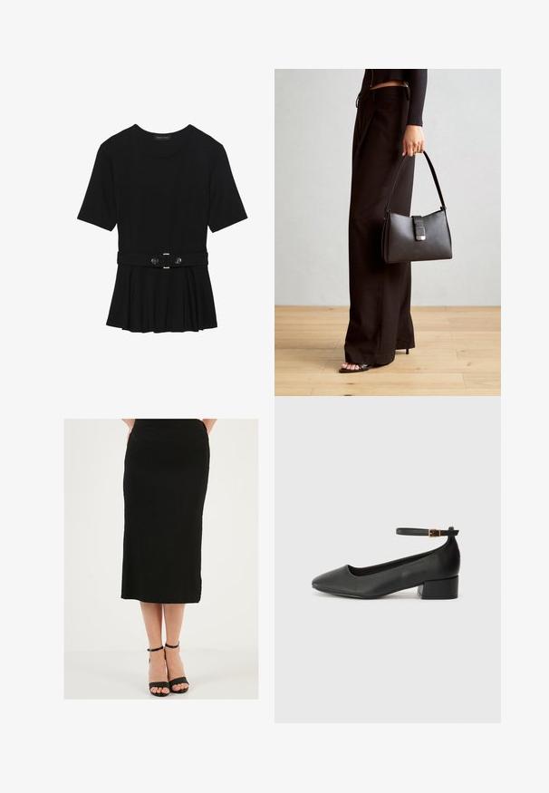 Fekete, rövid ujjú felső sima anyagból, peplum fazonnal és övvel a deréknál, két kerek, ezüst árnyalatú gombbal.; Fekete midi szoknya textúrált anyagból, sima derékpánttal. Fekete, vékony pántos magassarkúval párosítva, vékony bokapánttal.; Fekete bőr magassarkú cipő hegyes orral és alacsony tömb sarkal. Bokapánttal rendelkezik, aranyszínű csattal. Simább textúra.; Fekete kézi táska strukturált formával, sima textúrával és fémből készült záródással. Széles fekete nadrággal és nyitott orrú szandállal párosítva, fából készült padlón.