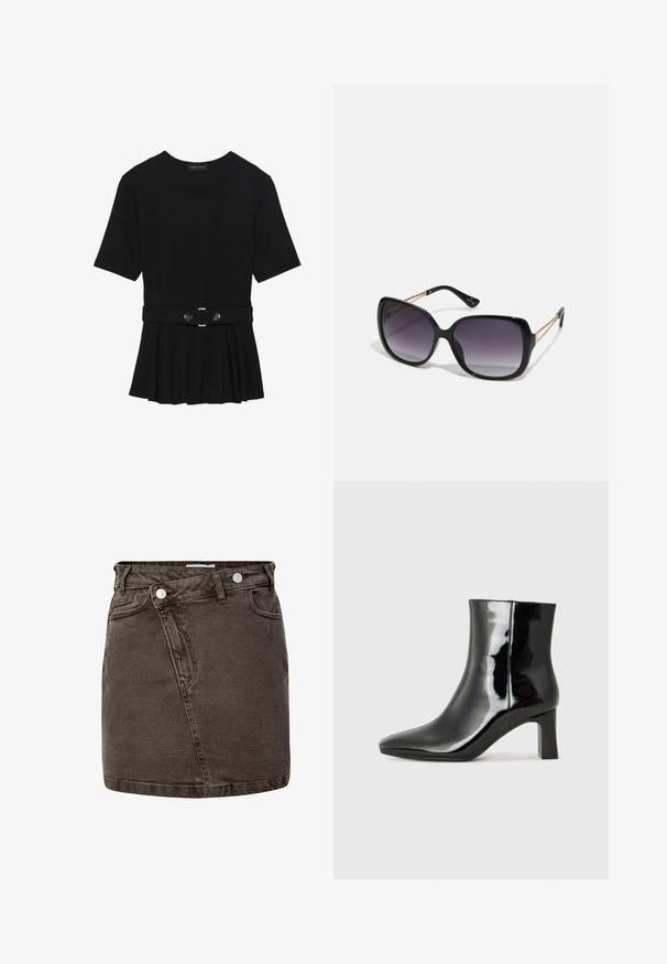 Top negro de manga corta fabricado en un material suave, con un diseño de peplum y una cintura ceñida con un cinturón que incluye dos botones redondos en tono plateado.; Minifalda de mezclilla marrón oscuro con delantero cruzado, botones de presión metálicos y diseño de cinco bolsillos.; Botín de charol negro con punta afilada y un tacón de bloque de altura media. Textura suave y diseño minimalista.; Gafas de sol negras de gran tamaño con lentes degradados, montura gruesa y detalles de cadena en tono dorado en las patillas.; Bolso negro con forma estructurada, textura suave y un cierre metálico. Combinado con pantalones anchos negros y sandalias de dedo en un suelo de madera.