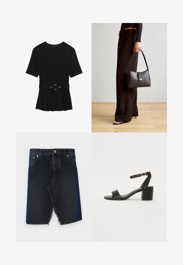 Top negru cu mâneci scurte, realizat dintr-un material neted, cu un design peplum și o talie beltată cu două butoane rotunde de culoare argintie.; Fustă din denim de culoare albastru închis, cu tiv răsfrânt. Are buzunare frontale și închidere cu nasture. Formă dreaptă, lungime medie.; Sandale cu toc înalt negre, cu un superior din piele netedă, vârf deschis, curele frontale late și curea pentru gleznă ajustabilă cu detaliu din aur.; Genți negre cu o formă structurată, textură netedă și un închizător metalic. Asortată cu pantaloni negri largi și sandale cu vârf deschis pe un podea din lemn.