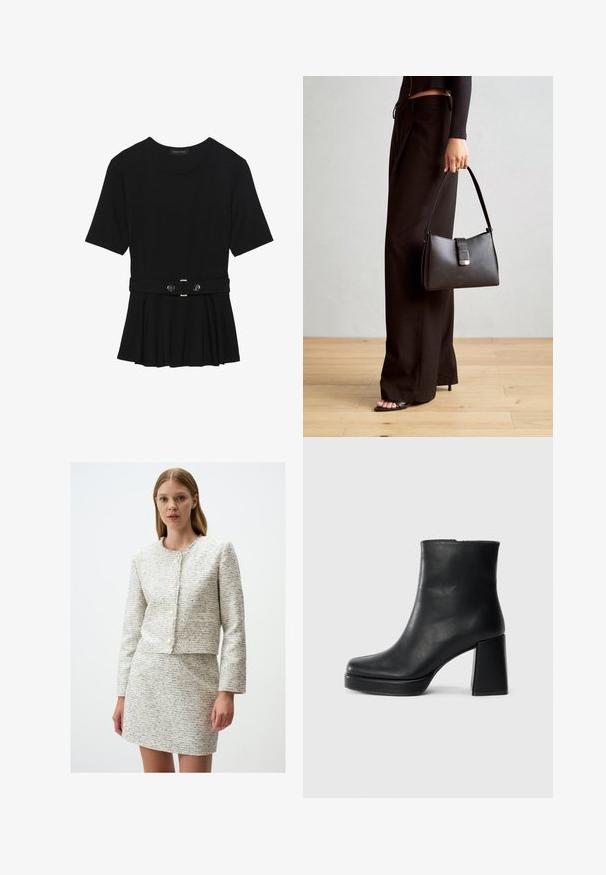 Haut noir à manches courtes fabriqué en matériau lisse, avec un design peplum et une taille ceinturée ornée de deux boutons ronds en métal argenté.; Veste en tweed bleu et blanc avec un col rond, un design court et cinq boutons à l'avant, accompagnée d'une jupe mini assortie.; Bottine en cuir noir avec un talon bloc et une semelle plateforme, vue de côté sur un fond blanc uni.; Sac à main noir à la forme structurée, texture lisse et fermoir métallique. Associé à un pantalon noir ample et des sandales ouvertes sur un sol en bois.