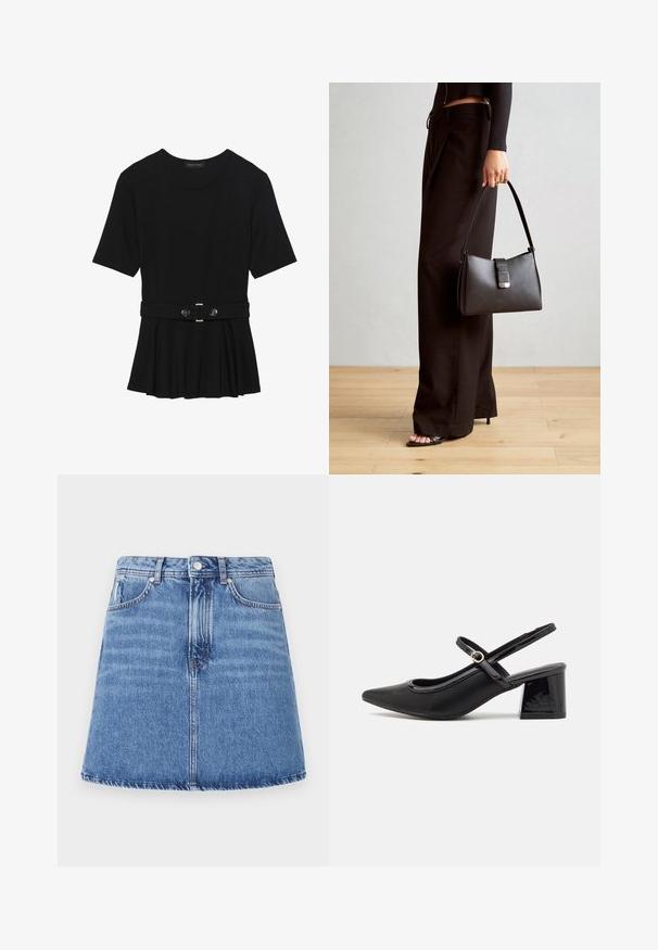 Schwarzes Kurzarmoberteil aus glattem Material, mit einem Peplum-Design und einem taillierten Bund, der mit zwei runden, silberfarbenen Knöpfen ausgestattet ist.; Denimrock mit ausgestellt A-Linie, hellblauer Waschung, zwei Fronttaschen und Knopfverschluss am Bund. Sichtbare Nähte.; Schwarze Lackleder-Slingback-Absätze mit spitzer Zehenform, einem runden Ausschnitt-Design und einem Blockabsatz. Mit einem goldfarbenen Schnallenakzent.; Schwarze Handtasche mit strukturierter Form, glatter Textur und einem metallischen Verschluss. Kombiniert mit weiten schwarzen Hosen und offenen Sandalen auf einem Holzboden.