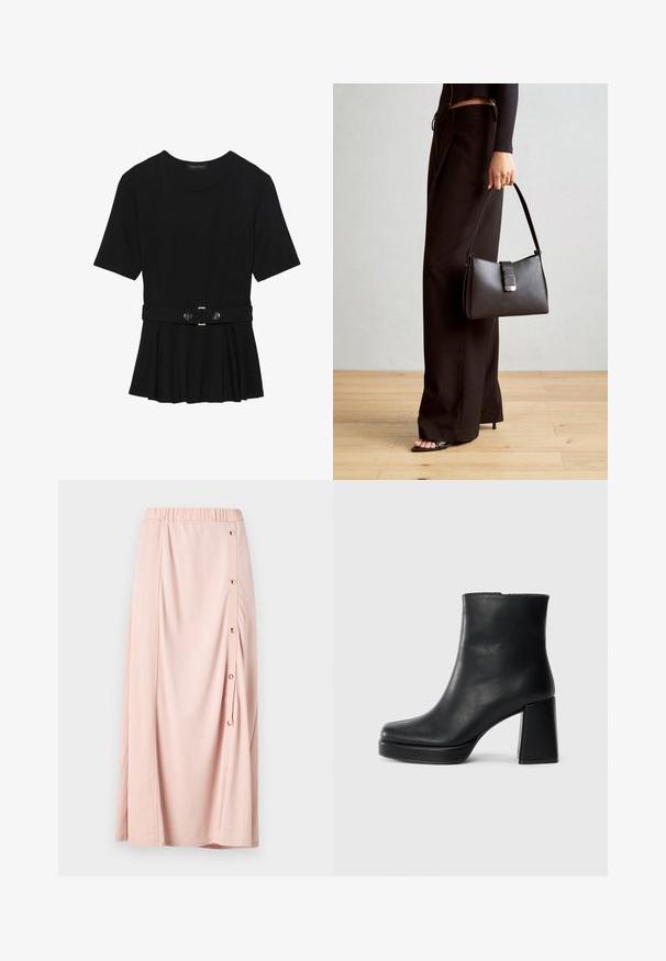 Top negru cu mâneci scurte, realizat dintr-un material neted, cu un design peplum și o talie beltată cu două butoane rotunde de culoare argintie.; Fustă maxi roz cu o talie elastică, având o deschidere cu butoane pe lateral și un material moale și fin. Design ușor și fluid.; Botină din piele neagră, cu toc pătrat și talpă platformă, văzută din lateral pe un fundal alb simplu.; Genți negre cu o formă structurată, textură netedă și un închizător metalic. Asortată cu pantaloni negri largi și sandale cu vârf deschis pe un podea din lemn.