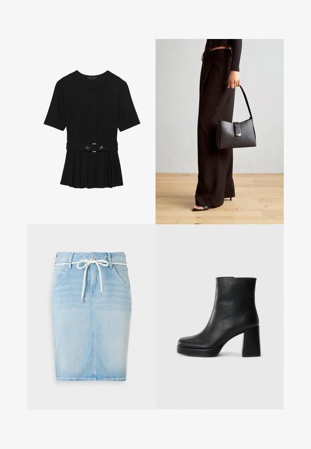 Fekete, rövid ujjú felső sima anyagból, peplum fazonnal és övvel a deréknál, két kerek, ezüst árnyalatú gombbal.; Világoskék farmer szoknya húzózsinóros derékkal, öt zsebbel és egyenes sziluettel. Finom, elhalványult minta jellemzi.; Fekete bőr bokacsizma tömbsarkal és platform talppal, oldalról nézve, sima fehér háttéren.; Fekete kézi táska strukturált formával, sima textúrával és fémből készült záródással. Széles fekete nadrággal és nyitott orrú szandállal párosítva, fából készült padlón.