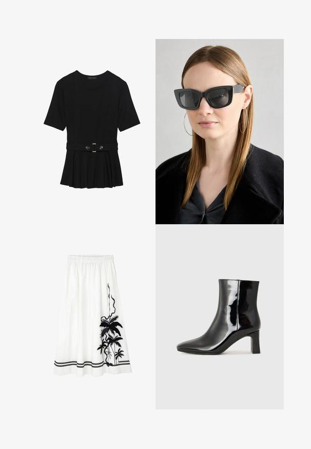 Haut noir à manches courtes fabriqué en matériau lisse, avec un design peplum et une taille ceinturée ornée de deux boutons ronds en métal argenté.; Jupe blanche avec broderie botanique noire représentant des feuilles de palmier, une taille texturée et un motif décoratif en corde noire au niveau de l'ourlet.; Bottines en cuir verni noir avec un bout pointu et un talon block de hauteur moyenne. Texture lisse et design minimaliste.; Des lunettes de soleil en forme de chat noir avec des verres foncés, des montures épaisses et des accents subtils. Portées avec un manteau noir et un haut gris, avec des cheveux longs et raides.