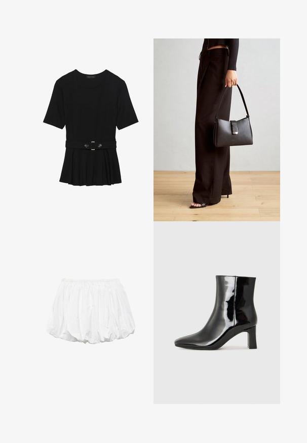 Top corto nero a maniche corte realizzato in materiale liscio, con design peplum e vita cintata adornata da due bottoni tondi in tono argento.; Pantaloni corti a palloncino in cotone bianco con cintura elastica e design plissettato, caratterizzati da una texture liscia e una forma arrotondata.; Stivaletto in pelle verniciata nera con punta a punta e tacco a blocco di altezza media. Texture liscia e design minimalista.; Borsa nera con forma strutturata, texture liscia e una chiusura metallica. Abbinata a pantaloni neri larghi e sandali open-toe su un pavimento in legno.