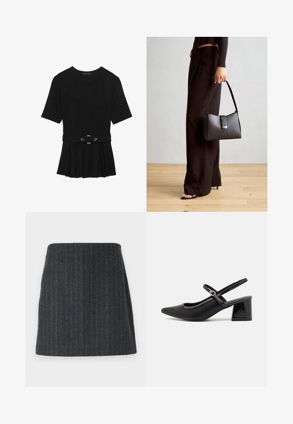 Melnas īsām piedurknēm topiņš, izgatavots no gludas materiāla, ar pepluma dizainu un jostu ar divām apaļām sudraba krāsas pogām.; Tumši pelēks mini svārku, izgatavots no tekstūrēta auduma ar vertikālām svītrām. Taisns griezums ar elastīgu jostu un gludu virsmu.; Melns patentēts ādas sandales ar norādīta pirksta formu, noapaļotu izgriezuma dizainu un bloķētu papēdi. Iezīmēta ar zelta toņa sprādzi.; Melnā somiņa ar strukturētu formu, gludu tekstūru un metālu sprādzi. Saskaņota ar platām melnām biksēm un sandālēm ar atvērtu purngalu uz koka grīdas.