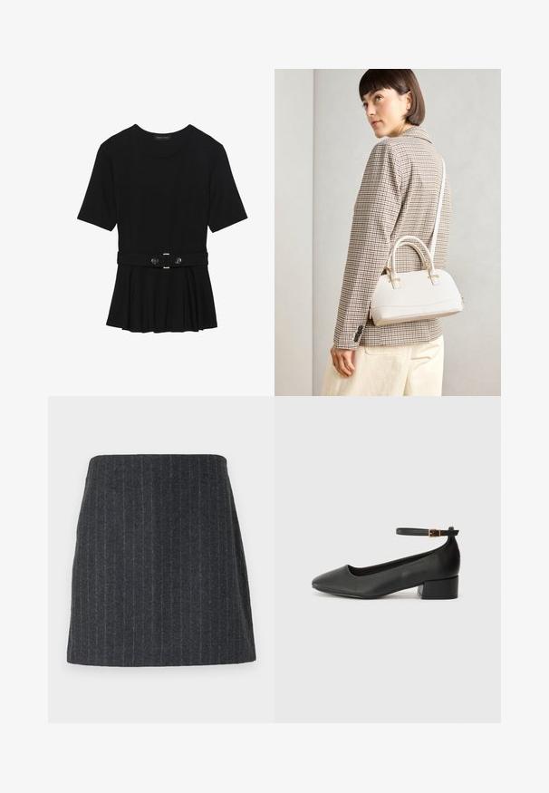 Top negro de manga corta fabricado en un material suave, con un diseño de peplum y una cintura ceñida con un cinturón que incluye dos botones redondos en tono plateado.; Mini falda gris oscuro hecha de un tejido texturizado con rayas verticales. Corte recto con cintura elástica y un acabado suave.; Zapato de tacón negro de cuero con punta afilada y tacón bajo cuadrado. Presenta una correa para el tobillo con una hebilla en tono dorado. Textura suave.; Bolso estructurado blanco con asas cortas y una correa para el hombro, que presenta detalles en dorado y material texturizado, exhibido sobre un fondo gris.