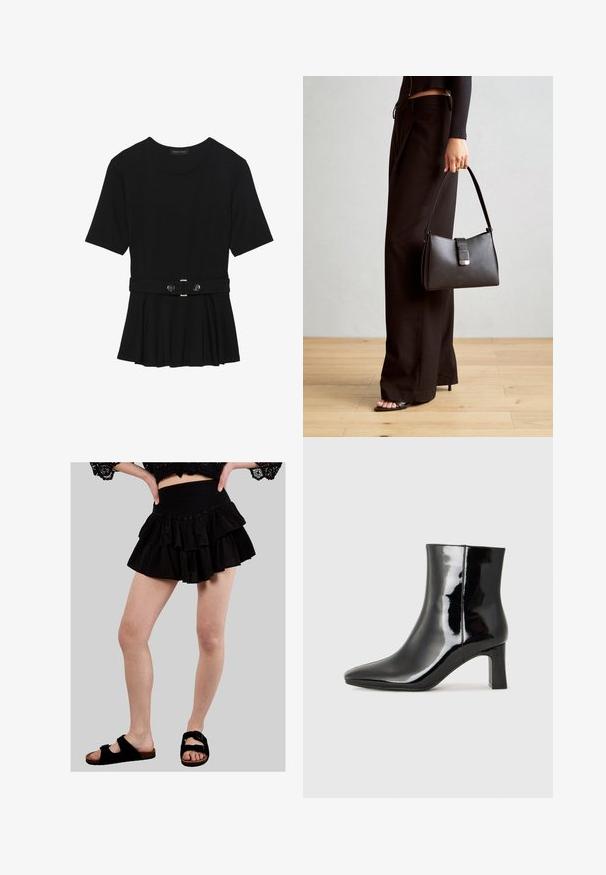 Schwarzes Kurzarmoberteil aus glattem Material, mit einem Peplum-Design und einem taillierten Bund, der mit zwei runden, silberfarbenen Knöpfen ausgestattet ist.; Schwarze, gestufte Rüschensrock mit einem gerafften Taillenbund, gefertigt aus einem leichten Stoff. Kombiniert mit schwarzen Sandalen, die über zwei verstellbare Riemen verfügen.; Schwarzer Lackleder-Stiefelette mit spitzer Zehe und einem mittelhohen Blockabsatz. Glatte Textur und minimalistisches Design.; Schwarze Handtasche mit strukturierter Form, glatter Textur und einem metallischen Verschluss. Kombiniert mit weiten schwarzen Hosen und offenen Sandalen auf einem Holzboden.