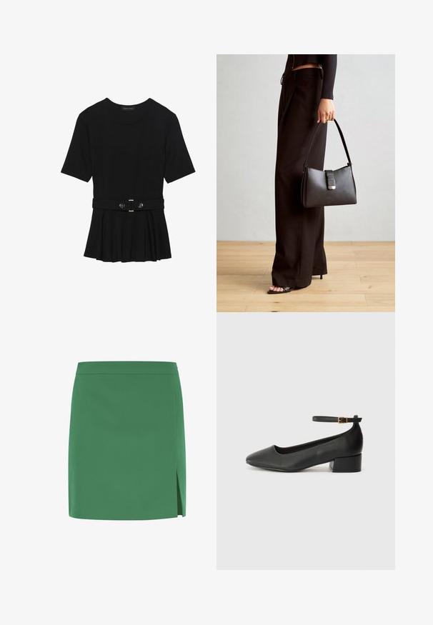 Must mustriga lühikeste varrukatega tipp, valmistatud siledast materjalist, millel on peplum-disain ja vöödiga talje, millel on kaks ümmargust, hõbedase tooni nuppu.; Roheline mini seelik sileda tekstuuriga, sirge lõikega ja külgsuiga lisadetailiks. Lihtne, kaunistusteta disain.; Must mustaapp, millel on terav nina ja madal blokk-kand. Omab pahkluu rihma koos kuldse tooni pandlaga. Sile tekstuur.; Must musta kott, millel on struktureeritud kuju, sile tekstuur ja metallist klamber. Kombineeritud laiate mustade pükstega ja avatud varvaste sandaalidega puidust põrandal.
