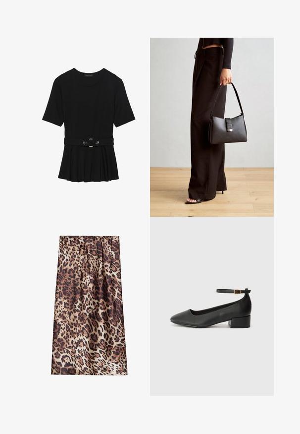 Melnas īsām piedurknēm topiņš, izgatavots no gludas materiāla, ar pepluma dizainu un jostu ar divām apaļām sudraba krāsas pogām.; Leparda raksts ar brūniem un melniem plankumiem uz bēša fona, mīksta tekstūra un savilktā vidukļa dizains.; Melnas ādas sūkņi ar smailu purngalu un zemu bloku papēdi. Iezīmēts ar potītes siksniņu ar zelta krāsas sprādzi. Gluda tekstūra.; Melnā somiņa ar strukturētu formu, gludu tekstūru un metālu sprādzi. Saskaņota ar platām melnām biksēm un sandālēm ar atvērtu purngalu uz koka grīdas.