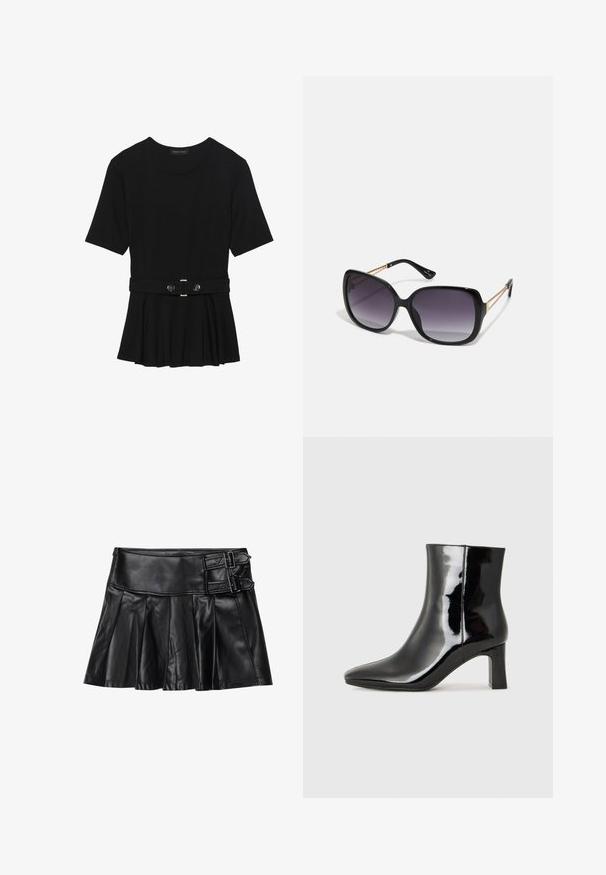 Schwarzes Kurzarmoberteil aus glattem Material, mit einem Peplum-Design und einem taillierten Bund, der mit zwei runden, silberfarbenen Knöpfen ausgestattet ist.; Schwarze Lederrock mit Falten, breitem Bund und zwei Schnallenakzenten an der Seite. Glatte Textur mit glänzendem Finish.; Schwarzer Lackleder-Stiefelette mit spitzer Zehe und einem mittelhohen Blockabsatz. Glatte Textur und minimalistisches Design.; Schwarze übergroße Sonnenbrille mit getönten Gläsern, dicken Rahmen und goldfarbener Kettendetaillierung an den Bügeln.