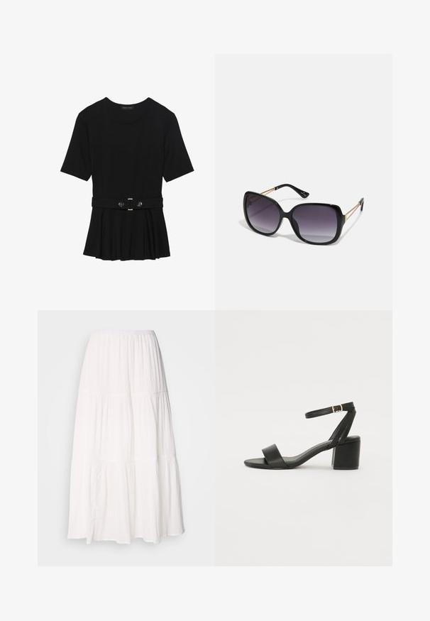 Melnas īsām piedurknēm topiņš, izgatavots no gludas materiāla, ar pepluma dizainu un jostu ar divām apaļām sudraba krāsas pogām.; Balta, līdz ceļgaliem garā svārki ar smockējošu jostu, izgatavoti no mīksta, viegla auduma un ar nedaudz salocītu tekstūru.; Melnas papēžu sērijas sandales ar gludu ādas virsmojumu, atvērtu pirkstu, platām priekšējām siksnām un regulējamu potītes siksnu ar zelta sprādzi.; Melni pārmērīgi lieli saulesbrilles ar gradāciju lēcām, biezām rāmja malām un zeltainas krāsas ķēžu detaļām uz tempļiem.; Melnā somiņa ar strukturētu formu, gludu tekstūru un metālu sprādzi. Saskaņota ar platām melnām biksēm un sandālēm ar atvērtu purngalu uz koka grīdas.