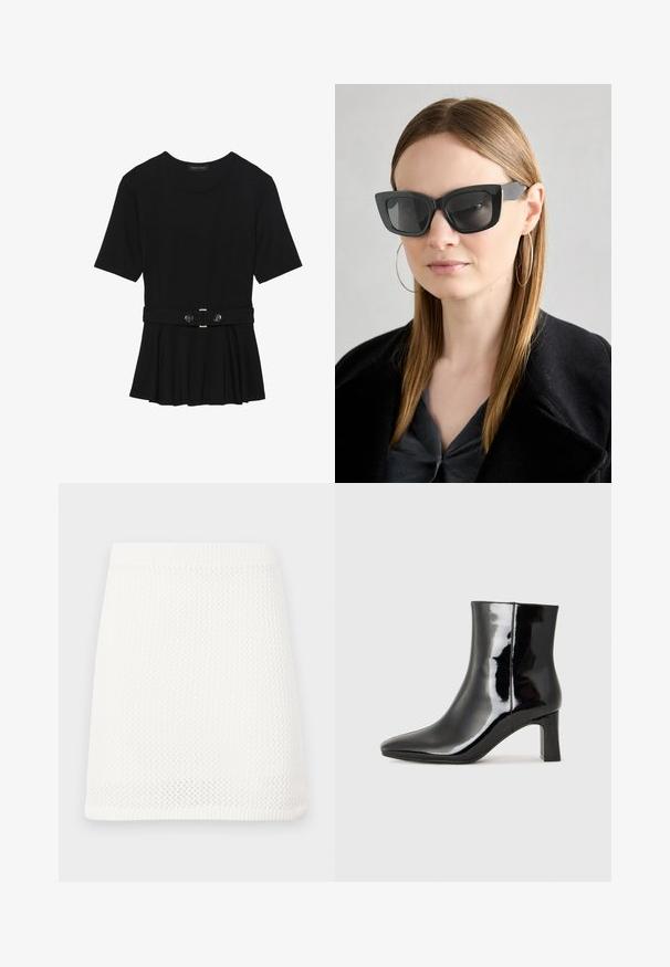 Black short-sleeve top made of smooth material, featuring a peplum design and a belted waist with two round, silver-tone buttons.; White knit mini skirt featuring a textured pattern, elasticized waistband, and a straight silhouette.; Black patent leather ankle boot with a pointed toe and a mid-height block heel. Smooth texture and minimalist design.; Black cat-eye sunglasses with dark lenses, thick frames, and subtle accents. Worn with a black coat and gray top, featuring long straight hair.