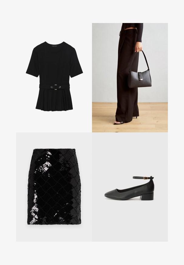 Top preto de mangas curtas, feito de material suave, com design peplum e uma cintura cinto com dois botões redondos em tom prateado.; Mini saia preta com lantejoulas em um padrão de diamante texturizado. Apresenta lantejoulas brilhantes dispostas em uma grade, realçando os detalhes da superfície.; Sandal de pele preta com bico pontiagudo e um salto bloco baixo. Apresenta uma tira no tornozelo com uma fivela em tom dourado. Textura suave.; Bolsa preta com forma estruturada, textura suave e um fecho metálico. Combinada com calças largas pretas e sandálias de salto aberto sobre um chão de madeira.