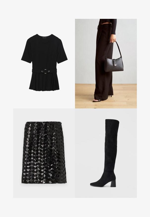 Μαύρη κοντομάνικη μπλούζα από λεία ύφανση, με σχέδιο peplum και ζωνάκι στη μέση, διακοσμημένο με δύο στρογγυρά, ασημί κουμπιά.; Μαύρη μίνι φούστα καλυμμένη με λαμπερά, ανακλαστικά στρας που δημιουργούν μια υφασματική, αλαζονική υφή σε αντίθεση με ένα απλό ανοιχτό φόντο.; Μαύρη σουέντ μπότες μέχρι το γόνατο με χοντρό τακούνι, μυτερή μύτη και λείο, χωρίς ραφές σχέδιο, σε απλό ανοιχτό φόντο.; Μαύρη τσάντα χειρός με δομημένο σχήμα, λεία υφή και μεταλλικό κούμπωμα. Συνδυασμένη με φαρδιά μαύρα παντελόνια και σανδάλια ανοιχτής μύτης πάνω σε ξύλινο πάτωμα.