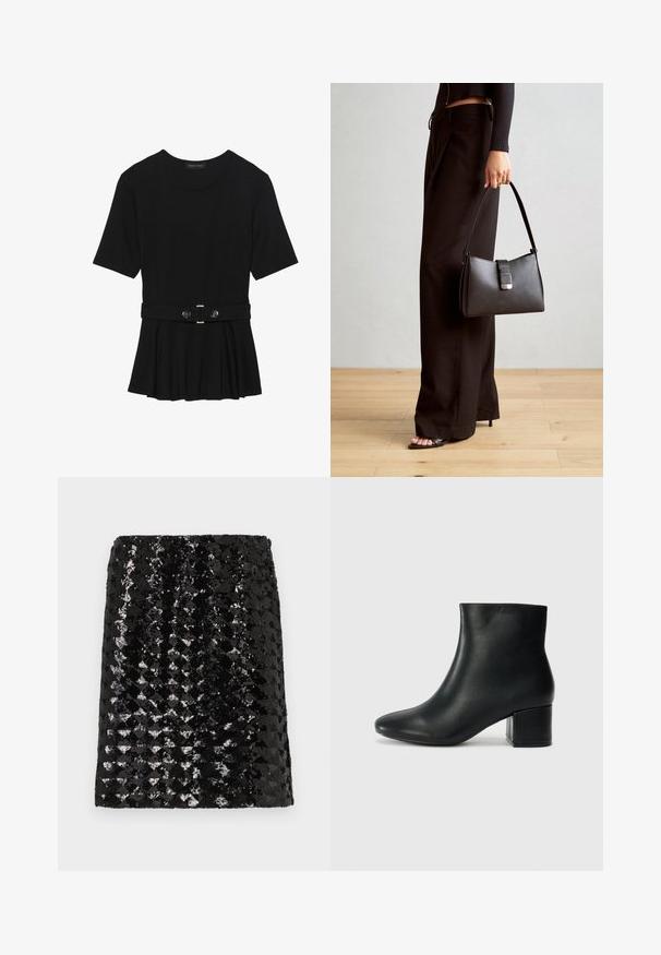 Svart kortermet topp laget av glatt materiale, med en peplum-design og en belted midje med to runde knapper i sølvfarge.; Svart miniskjørt dekket med blanke, reflekterende paljetter som skaper et teksturert, glitrende mønster mot en ensfarget lys bakgrunn.;  Sorte skinn ankelsko med spiss tå og chunky hæl. Glatt tekstur med minimale detaljer og et elegant, tettsittende design.; Svart håndveske med strukturert form, jevn tekstur og metallisk lås. Kombinert med brede svarte bukser og sandaler med åpen tå på tregulv.
