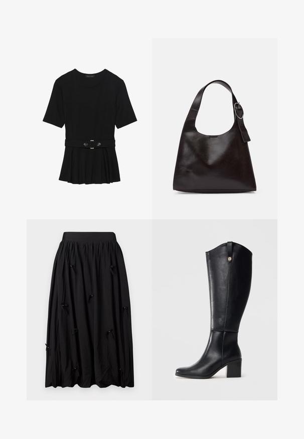 Svart kortärmad topp i slätt material med peplumdesign och bälte i midjan, prydd med två runda knappar i silverfärg.; Svart kjol i mjukt tyg, med en rynkad midja, knälång design och små rosetter med pärlor med jämna mellanrum.; Svarta läderstövlar i knähöjd med fyrkantig tå och blockklack. Har en sidoseam och en dekorativ metallaccent upptill.; Brun läder axelväska med en slät yta, rund form, bred rem och cirkulär metallaccent på handtaget.