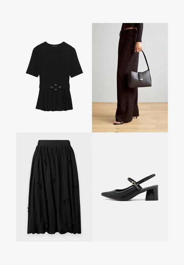 Schwarzes Kurzarmoberteil aus glattem Material, mit einem Peplum-Design und einem taillierten Bund, der mit zwei runden, silberfarbenen Knöpfen ausgestattet ist.; Schwarzer Rock aus weichem Stoff, mit einem gerafften Bund, knielangem Design und kleinen Schleifen mit Perlen in regelmäßigen Abständen.; Schwarze Lackleder-Slingback-Absätze mit spitzer Zehenform, einem runden Ausschnitt-Design und einem Blockabsatz. Mit einem goldfarbenen Schnallenakzent.; Schwarze Handtasche mit strukturierter Form, glatter Textur und einem metallischen Verschluss. Kombiniert mit weiten schwarzen Hosen und offenen Sandalen auf einem Holzboden.