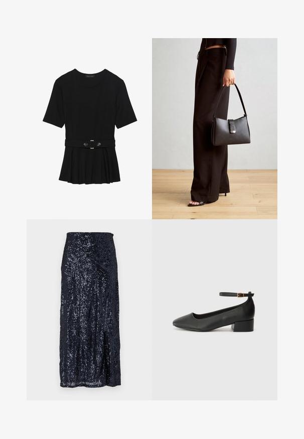 Svart kortermet topp laget av glatt materiale, med en peplum-design og en belted midje med to runde knapper i sølvfarge.; Mørkeblå paljett midi-skjørt med en glatt tekstur, med en tettsittende midje og en lett utvidelse ved kanten. Designene skaper reflekterende mønstre.; Sorte skinnpumper med spiss tå og lav blokkhelt. Har ankelrem med gullfarget spenne. Glatt tekstur.; Svart håndveske med strukturert form, jevn tekstur og metallisk lås. Kombinert med brede svarte bukser og sandaler med åpen tå på tregulv.