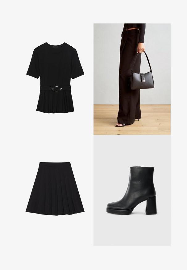 Črn kratek rokav srajca iz gladkega materiala, z obliko pepluma in pasom s pasom ter dvema okroglega srebrno-toniranima gumboma.; Črna plisirana krila iz strukturiranega materiala s prilegajočim pasom. Segajo do kolen in ponujajo gladko, čisto silhueto.; Črne usnjene gležnjarje z blok peto in platformo, prikazane s strani na enobarvni beli podlagi.; Črna torbica z strukturirano obliko, gladko teksturo in kovinskim zaponko. Ujemajo se z širokimi črnimi hlačami in odprtimi sandali na lesenem tleh.