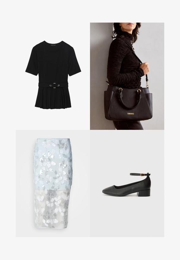 Top preto de mangas curtas, feito de material suave, com design peplum e uma cintura cinto com dois botões redondos em tom prateado.; Saia lápis com lantejoulas, sobreposições transparentes em azul claro e padrão floral branco. Apresenta lantejoulas prateadas e um silhueta justa.; Sandal de pele preta com bico pontiagudo e um salto bloco baixo. Apresenta uma tira no tornozelo com uma fivela em tom dourado. Textura suave.; Bolsa preta com superfície texturizada, alças superiores duplas e alça de ombro ajustável. Apresenta ferragens em tom dourado e bolsos laterais.