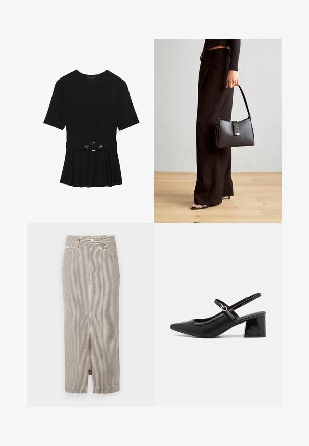 Svart kortermet topp laget av glatt materiale, med en peplum-design og en belted midje med to runde knapper i sølvfarge.; Stripet midi skjørt i lys beige og mørk brun, laget av bomull, med en frontsplitt og beltehemper. Klassisk design og skreddersydd passform.; Sorte lakk lær slingback hæler med spiss tå, et avrundet utskjæringsdesign og blokkheel. Har en gulltone spenne som detalj.; Svart håndveske med strukturert form, jevn tekstur og metallisk lås. Kombinert med brede svarte bukser og sandaler med åpen tå på tregulv.