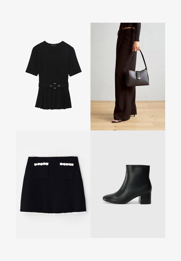 Must mustriga lühikeste varrukatega tipp, valmistatud siledast materjalist, millel on peplum-disain ja vöödiga talje, millel on kaks ümmargust, hõbedase tooni nuppu.; Must have mustrik, millel on valge pitsääris, kahel esisel taskul pitsiaksendid. Sile tekstuur, A-löök.; Mustad nahast pahkluu saapad terava varbaga ja jämeda kandaga. Sile tekstuur minimaalse aktsentidega ja stiilne, lihvitud disain.; Must musta kott, millel on struktureeritud kuju, sile tekstuur ja metallist klamber. Kombineeritud laiate mustade pükstega ja avatud varvaste sandaalidega puidust põrandal.