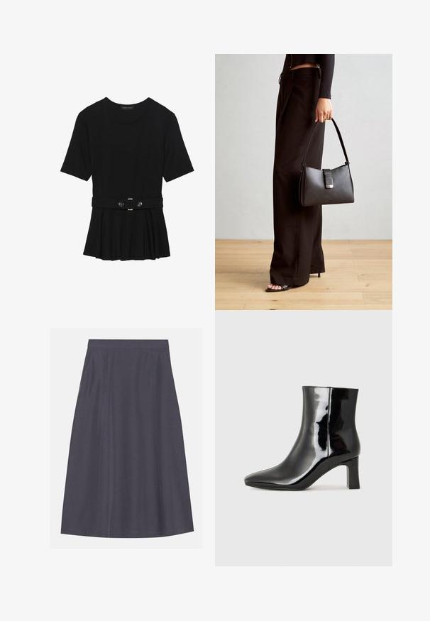 Zwart топ met korte mouwen van glad materiaal, voorzien van een peplum ontwerp en een riem in de taille met twee ronde, zilverkleurige knopen.; Een A-lijn, donkergrijze rok van een gladde stof met zijzakken, voorzien van een schone tailleband en subtiele stikdetails.; Zwarte gepolijste leren enkellaars met een spitse neus en een blokhak van gemiddelde hoogte. Glad textuur en minimalistisch ontwerp.; Zwarte handtas met gestructureerde vorm, gladde textuur en een metalen sluiting. Gecombineerd met brede zwarte broeken en sandalen met open teen op een houten vloer.