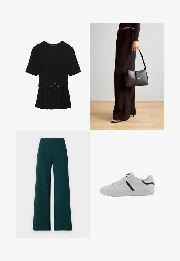 Haut noir à manches courtes fabriqué en matériau lisse, avec un design peplum et une taille ceinturée ornée de deux boutons ronds en métal argenté.; Pantalons à jambes larges en tissu vert foncé. Présentent une taille haute, des plis avant et des passants de ceinture. Texture lisse et design ajusté.; Basket en synthétique blanche avec un profile bas, présentant des rayures diagonales bleu marine, des perforations sur le côté, et une semelle en caoutchouc texturé.; Sac à main noir à la forme structurée, texture lisse et fermoir métallique. Associé à un pantalon noir ample et des sandales ouvertes sur un sol en bois.