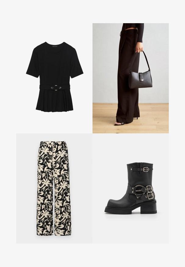 Black short-sleeve top made of smooth material, featuring a peplum design and a belted waist with two round, silver-tone buttons.; Black wide-leg pants with a cream floral pattern. Made of lightweight fabric, featuring a smooth texture and a high waistband.; Jeffrey Campbell STUBBORN - Platform ankle boots - black; Black handbag with structured shape, smooth texture, and a metallic clasp. Paired with wide black pants and open-toe sandals on wooden floor.