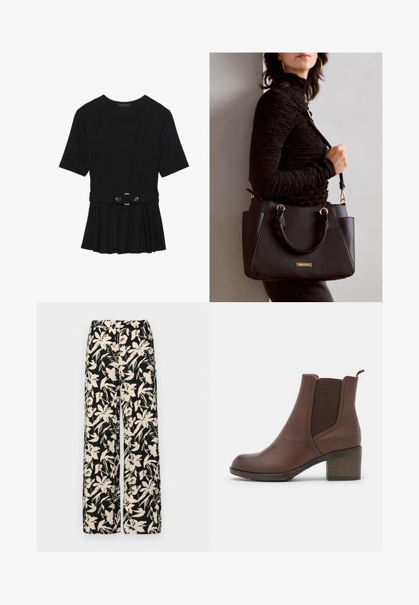 Haut noir à manches courtes fabriqué en matériau lisse, avec un design peplum et une taille ceinturée ornée de deux boutons ronds en métal argenté.; Pantalon large noir avec un motif floral crème. Fabriqué en tissu léger, il présente une texture lisse et une taille haute.; Bottine en cuir marron, avec une finition lisse, des panneaux latéraux élastiques, un bout arrondi et un talon en bois modéré.; Sac à main noir avec surface texturée, deux poignées supérieures et bandoulière réglable. Doté de quincaillerie dorée et de poches latérales.