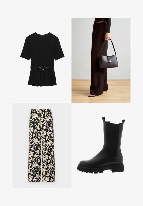 Top negro de manga corta fabricado en un material suave, con un diseño de peplum y una cintura ceñida con un cinturón que incluye dos botones redondos en tono plateado.; Pantalones de pierna ancha negros con un patrón floral crema. Fabricados en un tejido ligero, con una textura suave y una cintura alta.; Bota de cuero negro de tobillo con un diseño elegante, paneles laterales elásticos, tiradores y una suela de goma gruesa con un patrón dentado.; Bolso negro con forma estructurada, textura suave y un cierre metálico. Combinado con pantalones anchos negros y sandalias de dedo en un suelo de madera.