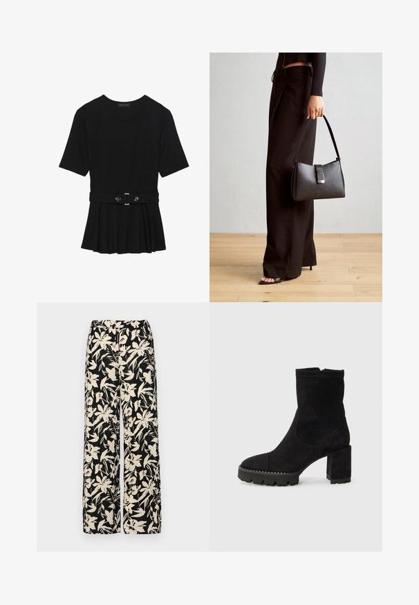Haut noir à manches courtes fabriqué en matériau lisse, avec un design peplum et une taille ceinturée ornée de deux boutons ronds en métal argenté.; Pantalon large noir avec un motif floral crème. Fabriqué en tissu léger, il présente une texture lisse et une taille haute.; Bottes de cheville noires en daim avec un bout carré, un talon épais et une semelle en caoutchouc texturée avec des accents en zigzag. Fini lisse.; Sac à main noir à la forme structurée, texture lisse et fermoir métallique. Associé à un pantalon noir ample et des sandales ouvertes sur un sol en bois.