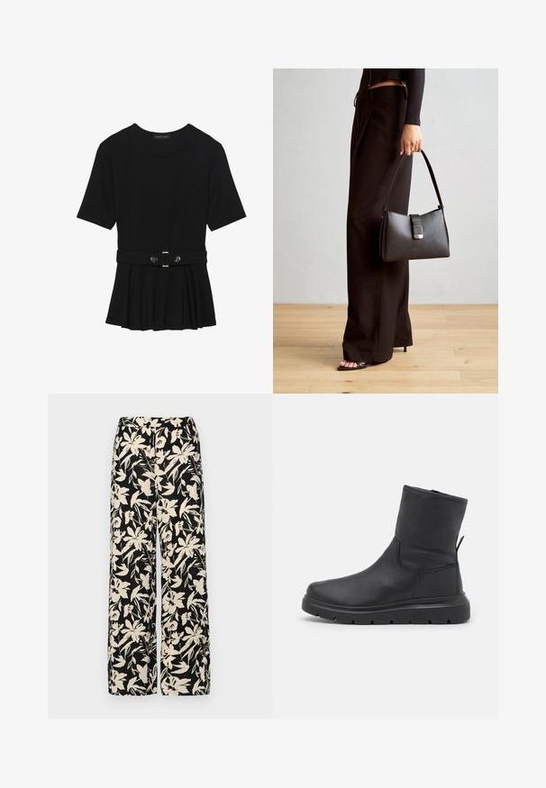 Svart kortermet topp laget av glatt materiale, med en peplum-design og en belted midje med to runde knapper i sølvfarge.; Sorte vide bukser med et cremet blomster mønster. Fremstillet af letvægtsstof, med en glat tekstur og en høj talje.; Sorte lær ankelstøvler med en mat finish, rund tå og kraftig gummisål. Har en diskret trekksløyfe bak.; Svart håndveske med strukturert form, jevn tekstur og metallisk lås. Kombinert med brede svarte bukser og sandaler med åpen tå på tregulv.