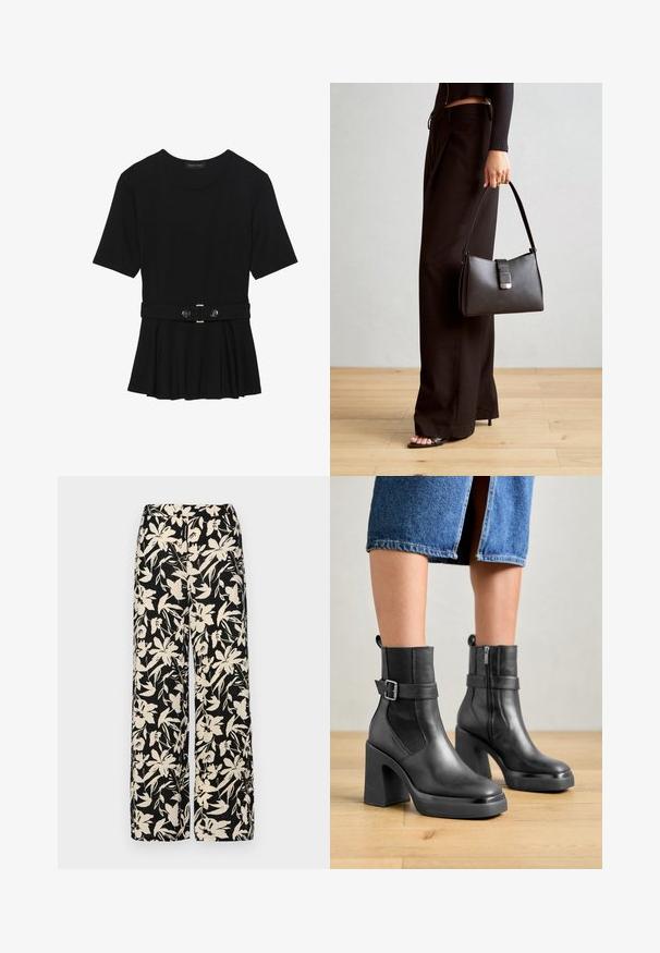Top negro de manga corta fabricado en un material suave, con un diseño de peplum y una cintura ceñida con un cinturón que incluye dos botones redondos en tono plateado.; Pantalones de pierna ancha negros con un patrón floral crema. Fabricados en un tejido ligero, con una textura suave y una cintura alta.; Botas de tobillo de cuero negro con un alto tacón cuadrado, paneles laterales elásticos y una hebilla decorativa. Textura suave con un diseño elegante.; Bolso negro con forma estructurada, textura suave y un cierre metálico. Combinado con pantalones anchos negros y sandalias de dedo en un suelo de madera.