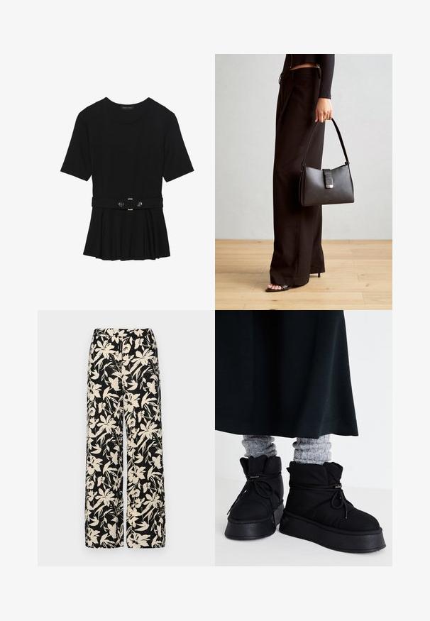 Musta lyhythihainen paita, joka on valmistettu sileästä materiaalista ja jossa on peplum-muotoilu sekä vyötäröllä vyö, jossa on kaksi pyöreää hopeanväristä nappia.; Mustat leveälahkeiset housut, joissa on kermaisen värinen kukkakuosi. Valmistettu kevyestä kankaasta, jossa on sileä pinta ja korkea vyötärö.; Mustat puffit nilkkavarret, joissa on litteät pohjat, nauhat ja näkyvät ompeleet. Yhdistetty harmaisiin ribsokkeihin, jotka kurkistavat ylös, käytetty tumman hameen kanssa.; Musta käsilaukku, jossa on rakenteellinen muoto, sileä pinta ja metallinen solki. Yhdistetty leveisiin mustiin housuihin ja avonaiheisiin sandaaleihin puulattialla.