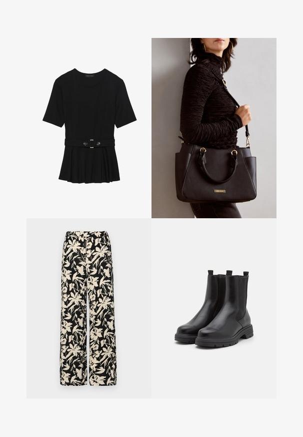 Černé krátké tričko vyrobené z hladkého materiálu, s peplum designem a opaskem v pase, ozdobené dvěma kulatými, stříbrnými knoflíky.; Černé kalhoty s širokými nohavicemi a krémovým květinovým vzorem. Vyrobené z lehké tkaniny, s hladkým povrchem a vysokým pasem.; Černé kožené kotníkové boty s elastickými bočními panely, kulatou špičkou a silnou gumovou podrážkou. Disponují poutky pro snadné obouvání.; Černá kabelka s texturovaným povrchem, dvojitými horními uchy a nastavitelným ramenním popruhem. Obsahuje zlaté kovové prvky a boční kapsy.