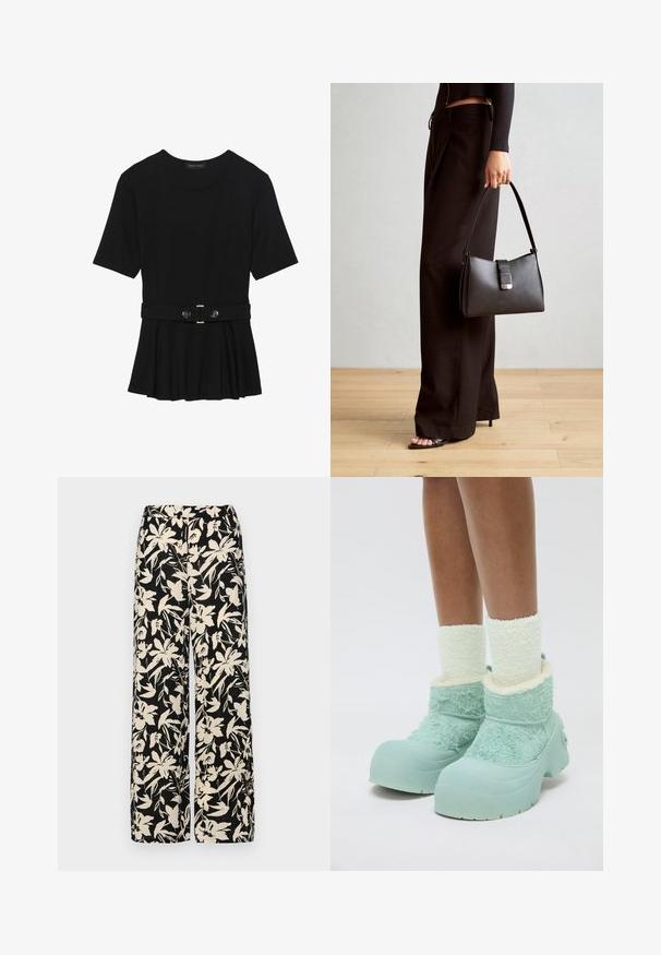 Černé krátké tričko vyrobené z hladkého materiálu, s peplum designem a opaskem v pase, ozdobené dvěma kulatými, stříbrnými knoflíky.; Černé kalhoty s širokými nohavicemi a krémovým květinovým vzorem. Vyrobené z lehké tkaniny, s hladkým povrchem a vysokým pasem.; Nohy v silných bílých huňatých ponožkách a objemných světle modrých zimních botách s texturovaným materiálem a gumovými podrážkami na bílém pozadí.; Černá kabelka se strukturovaným tvarem, hladkým povrchem a kovovým uzávěrem. Kombinována s širokými černými kalhotami a sandály s otevřenou špičkou na dřevěné podlaze.