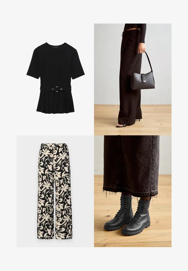 Top preto de mangas curtas, feito de material suave, com design peplum e uma cintura cinto com dois botões redondos em tom prateado.; Calças largas pretas com um padrão floral creme. Feitas de um tecido leve, apresentando uma textura suave e uma cintura alta.; Botas pretas de couro com atacadores, superfície texturizada, altura até à metade da panturrilha, bico arredondado e sola robusta, combinadas com uma saia de ganga escura e desfiada.; Bolsa preta com forma estruturada, textura suave e um fecho metálico. Combinada com calças largas pretas e sandálias de salto aberto sobre um chão de madeira.