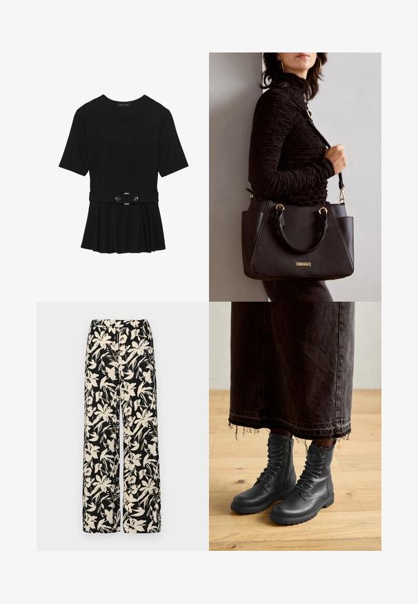 Top preto de mangas curtas, feito de material suave, com design peplum e uma cintura cinto com dois botões redondos em tom prateado.; Calças largas pretas com um padrão floral creme. Feitas de um tecido leve, apresentando uma textura suave e uma cintura alta.; Botas pretas de couro com atacadores, superfície texturizada, altura até à metade da panturrilha, bico arredondado e sola robusta, combinadas com uma saia de ganga escura e desfiada.; Bolsa preta com superfície texturizada, alças superiores duplas e alça de ombro ajustável. Apresenta ferragens em tom dourado e bolsos laterais.
